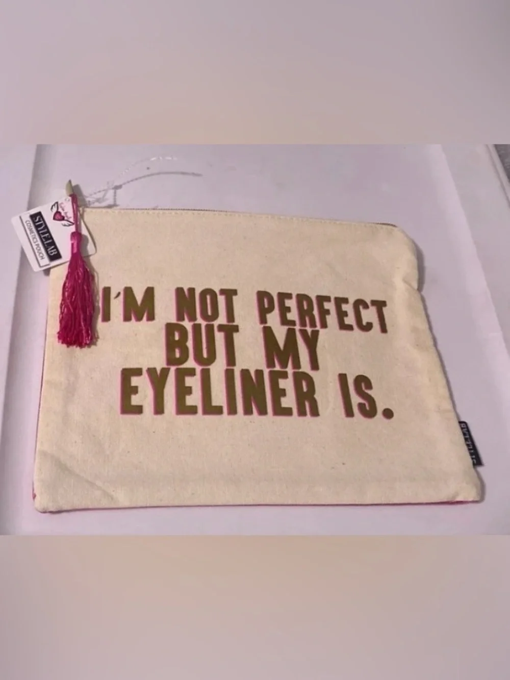 Canvas Makeup Pouch - Cream with Gold Text